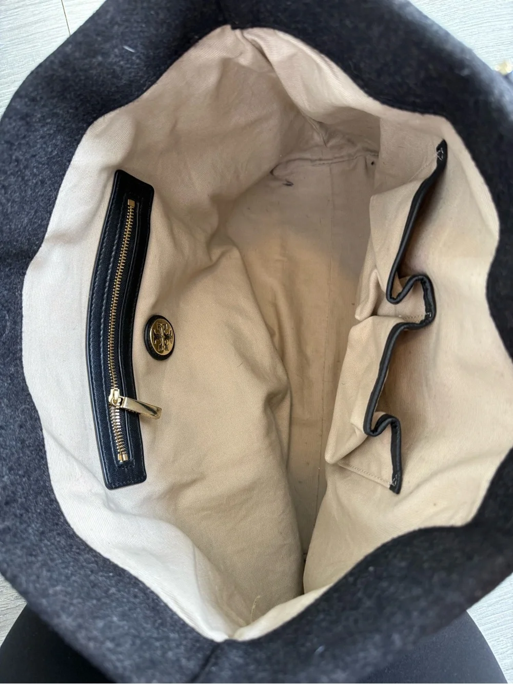 Tory Burch Black Wool Tote with Gold Logo